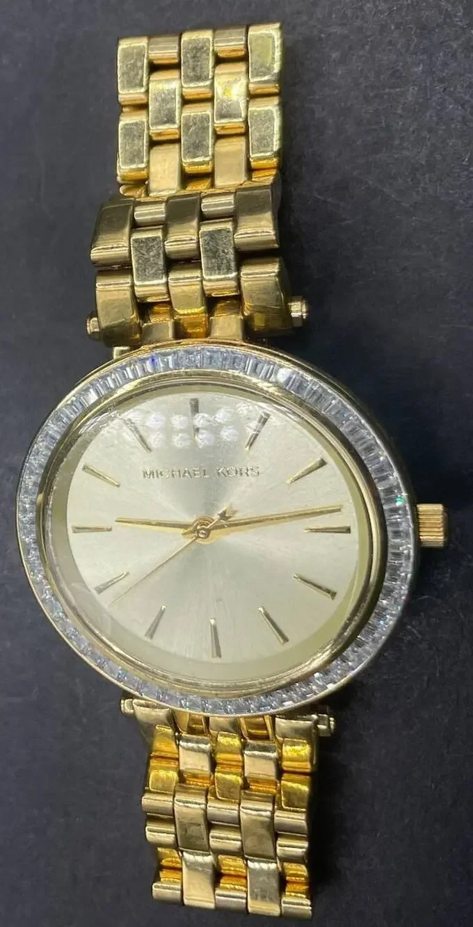 Michael Kors MK-3365 Womens Gold Tone Baguette Crystal Bezel Quartz Watch